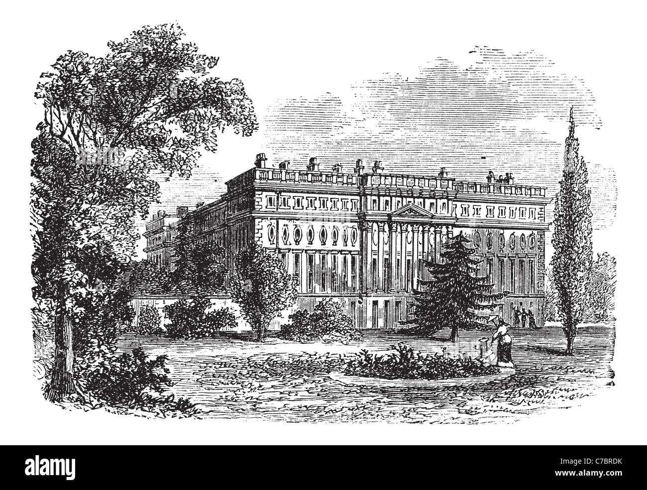 Il Palazzo di Hampton Court, Londra, Inghilterra vintage incisione. Vecchie illustrazioni incise di Hampton Court Palace, 1800s. Foto Stock