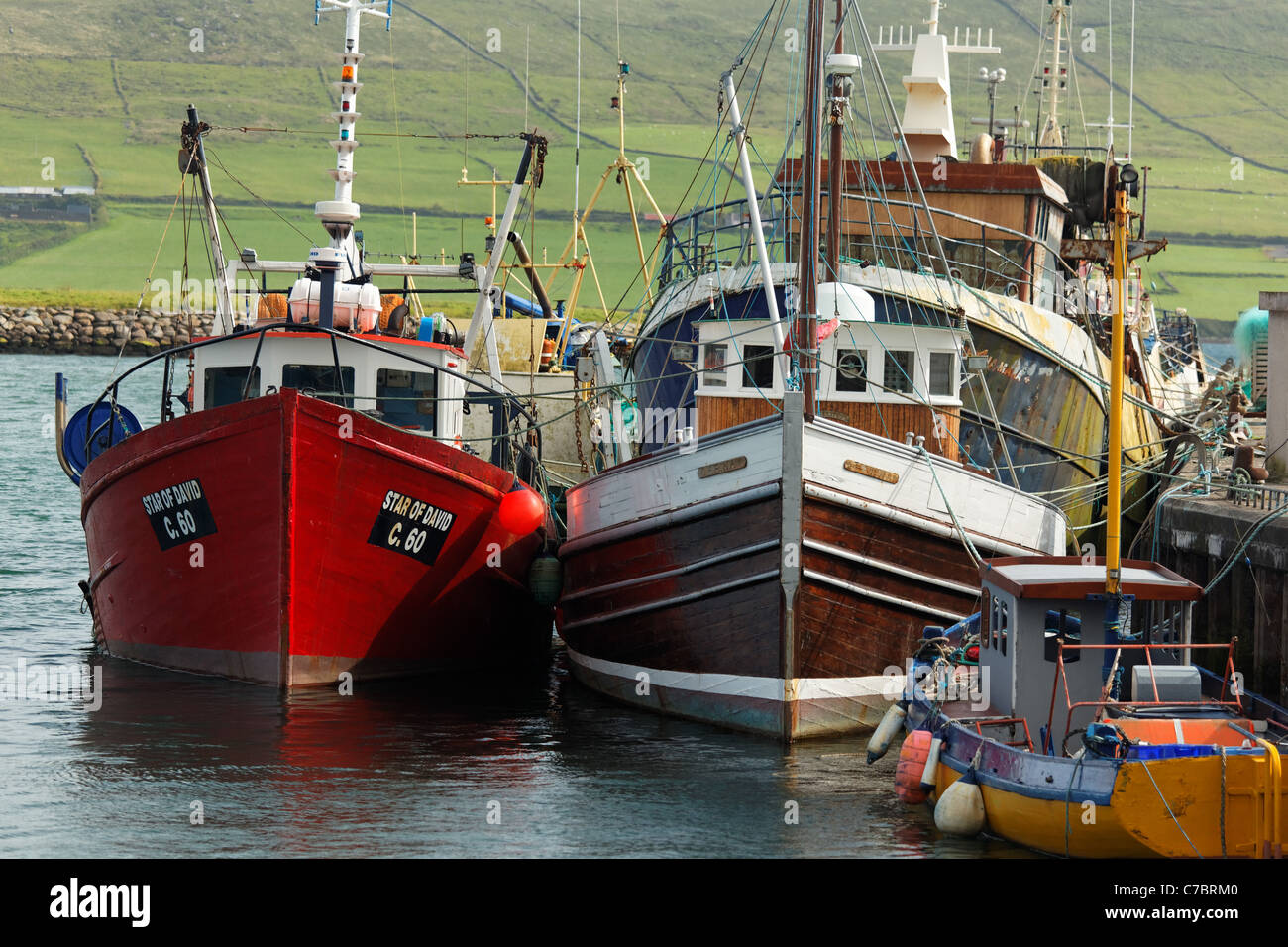 Barche da pesca al dock in Dingle Harbour, Dingle (An Daingean), la penisola di Dingle, nella contea di Kerry, Repubblica di Irlanda Foto Stock