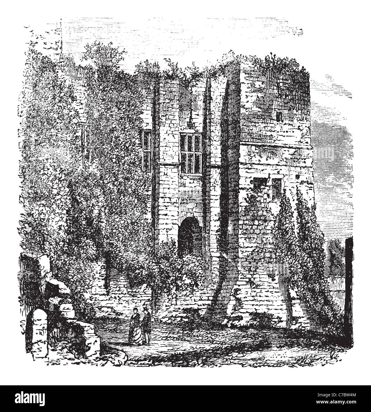 Cesar's Tower presso il Castello di Kenilworth, Warwickshire, Regno Unito, vintage incisione. Vecchie illustrazioni incise di Cesar's tower Foto Stock