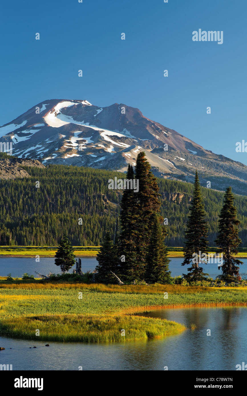 A sud la sorella sorge sopra il prato fiorito e il Lago di scintille all'alba, la cascata di laghi Scenic Byway, Oregon, USA, America del Nord Foto Stock