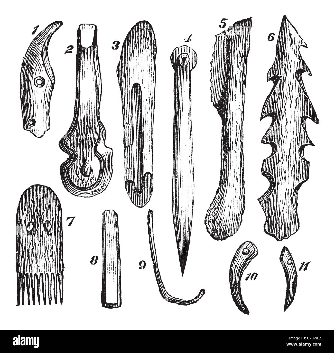 Gli attrezzi di osso, Selce e legno, trovati in Moosseedorf vintage incisione. Foto Stock