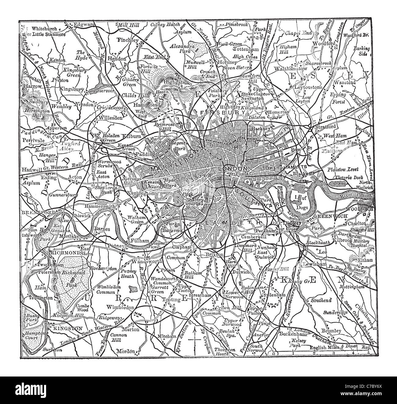 Londra e i suoi dintorni, durante il 1890s, vintage incisione. Vecchie illustrazioni incise della mappa di Londra con i suoi dintorni. Foto Stock