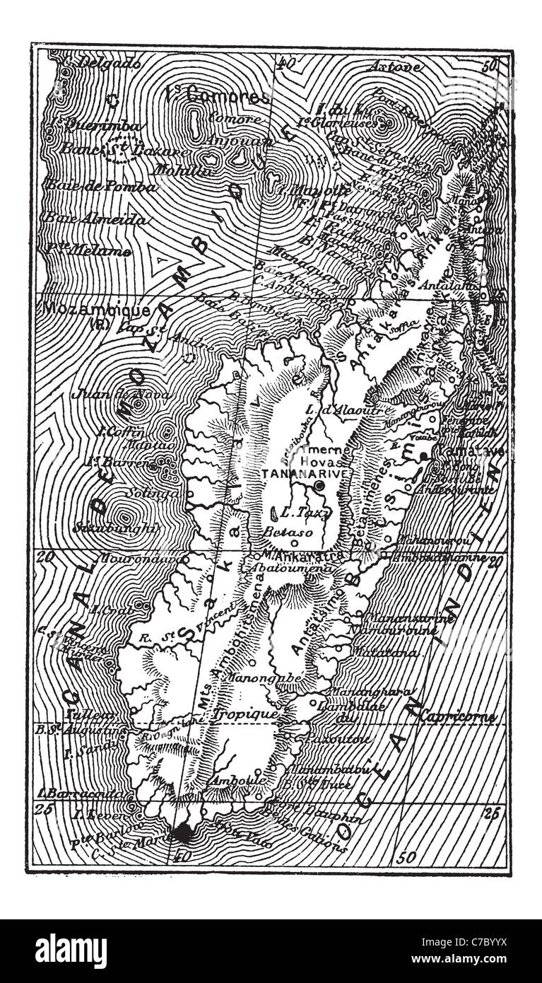 Mappa del Madagascar, durante il 1890s, vintage incisione. Vecchie illustrazioni incise della mappa del Madagascar. Foto Stock