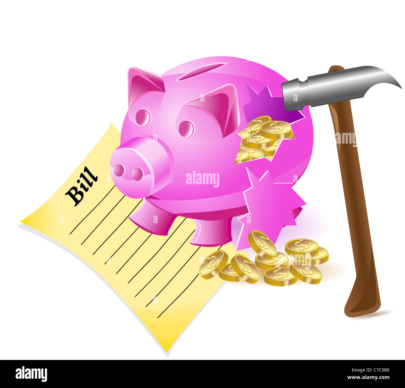 Rotture di denaro-box è un martello di maiale bill e monete d'oro illustrazione Foto Stock