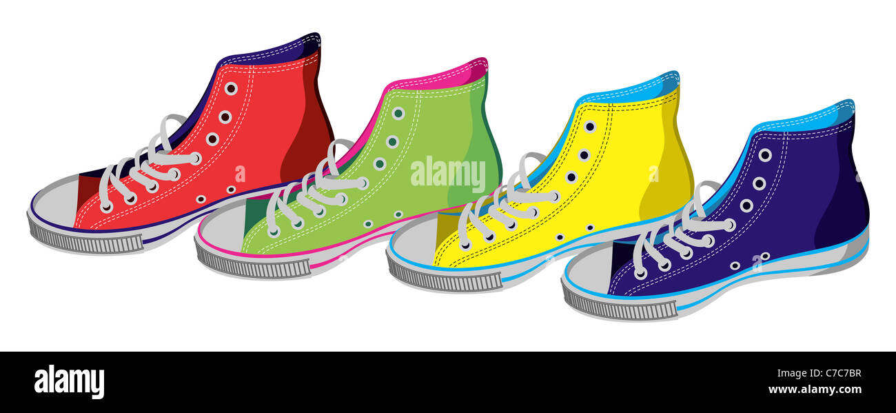 Quattro sneakers isolati su sfondo bianco. Vettore disponibile Foto Stock
