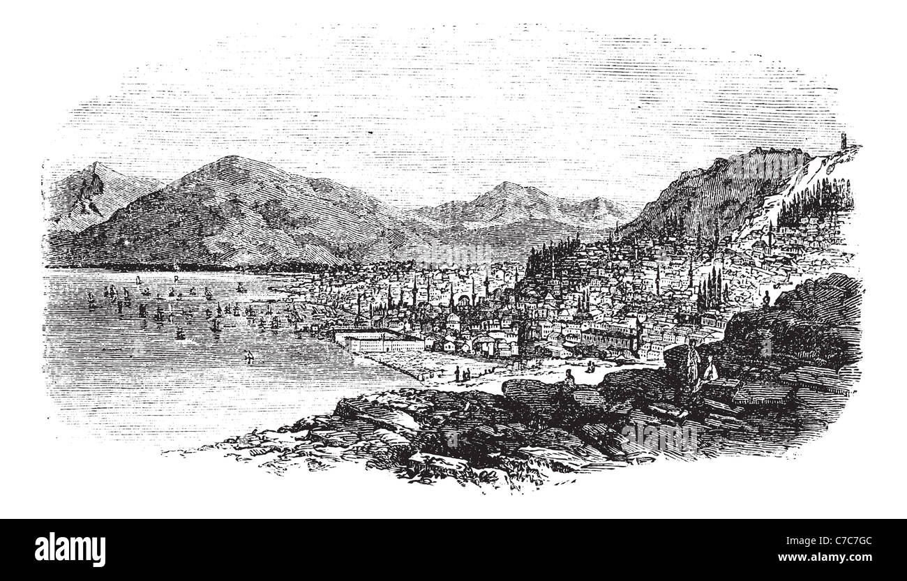 Smirne in Turchia durante il 1890s, vintage incisione. Vecchie illustrazioni incise di Smirne con il mare. Foto Stock
