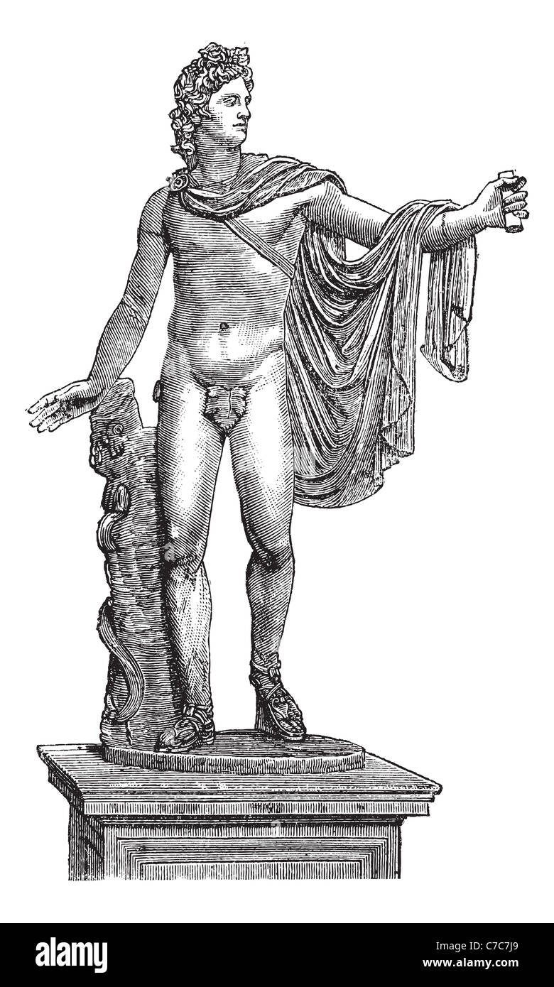 Apollo Belvedere o Pythian Apollo nella città del Vaticano, vintage incisione. Vecchie illustrazioni incise della statua di Apollo Belvede Foto Stock