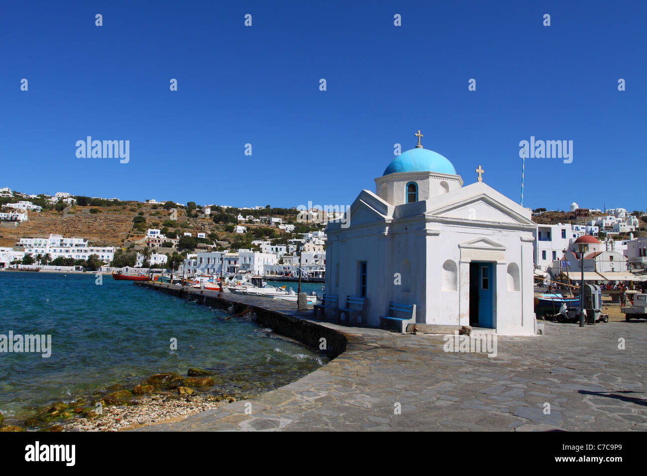 La tradizionale architettura cicladica di Mykonos. Foto Stock
