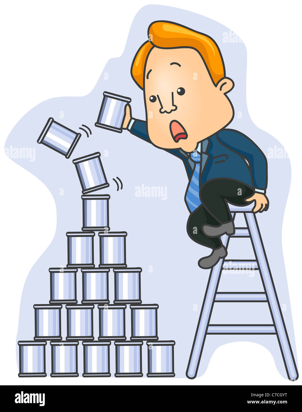 Imprenditore edificio piramide instabile lattine con tracciato di ritaglio Foto Stock