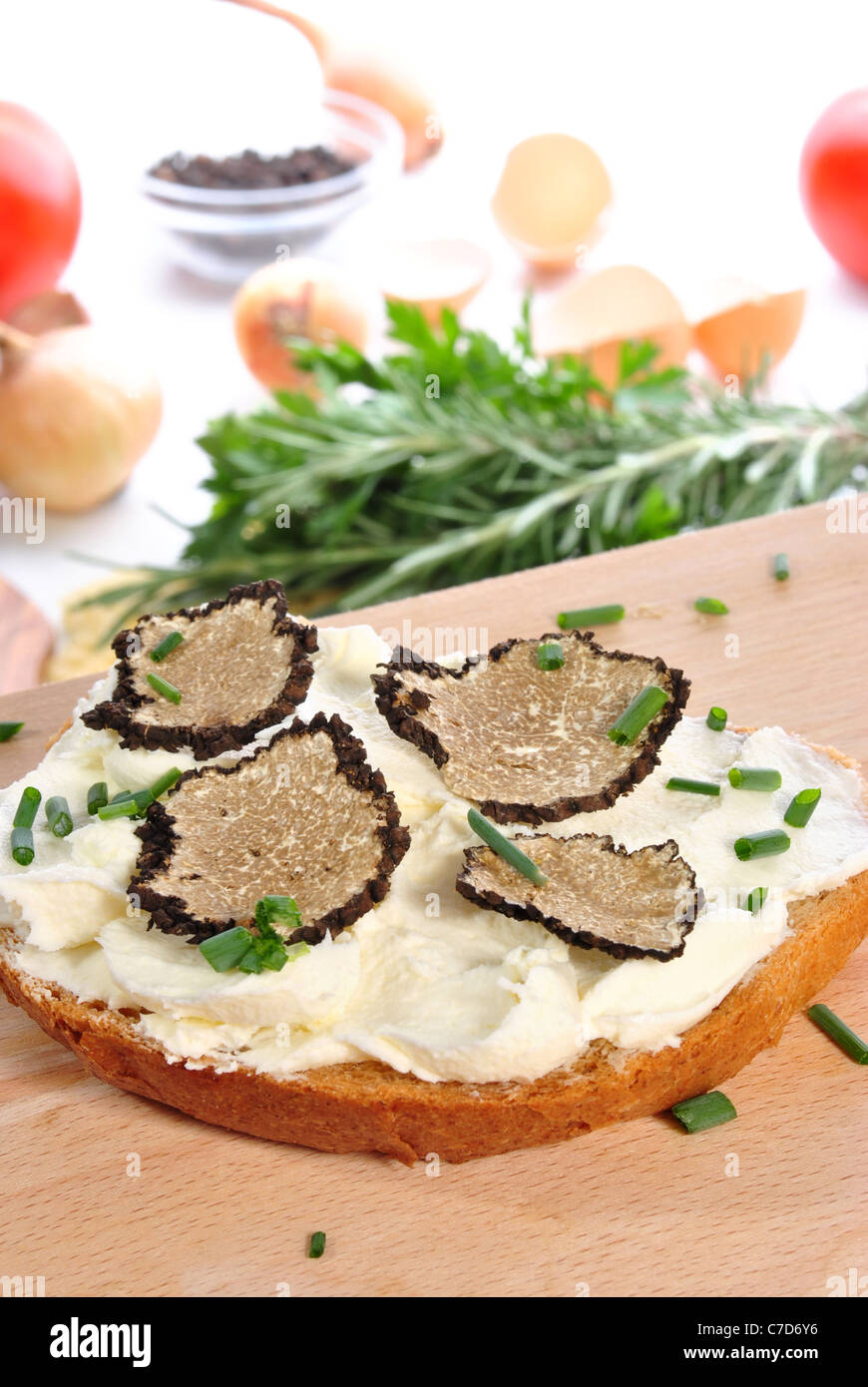 Grattugiato tartufo estivo con formaggio morbido su una fetta di pane Foto Stock