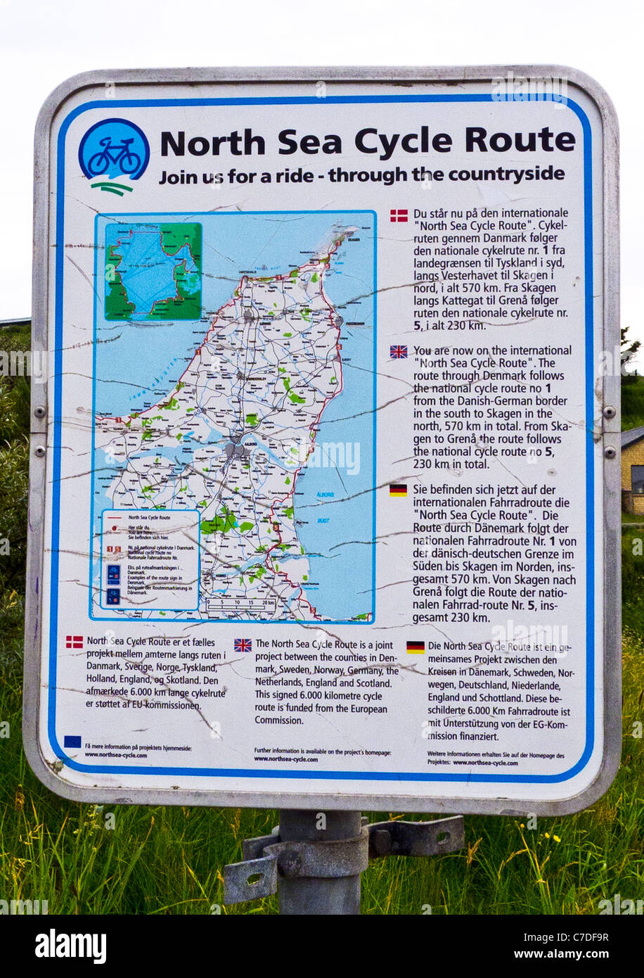 Costa del Mare del Nord percorso ciclabile informazioni post, Danimarca Foto Stock