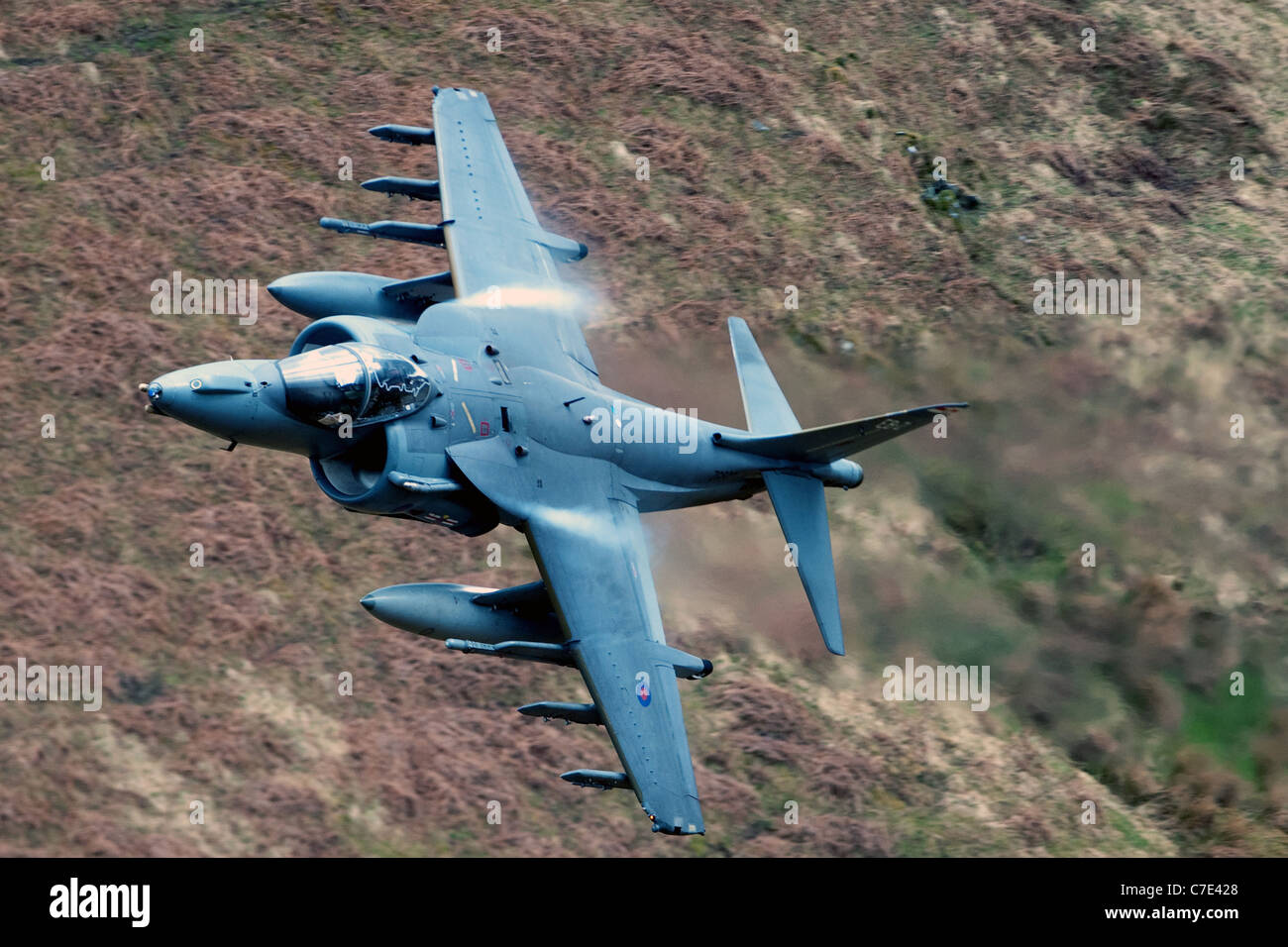 RAF Harrier GR9 attack jet fighter aircraft basso livello nel Galles del nord (mach loop) girato dal lato della collina Foto Stock