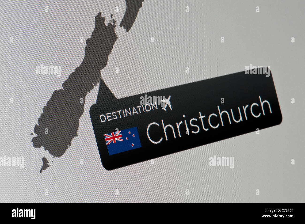 Un close-up di un display di computer che indica la posizione di Christchurch International Airport, Nuova Zelanda. Foto Stock
