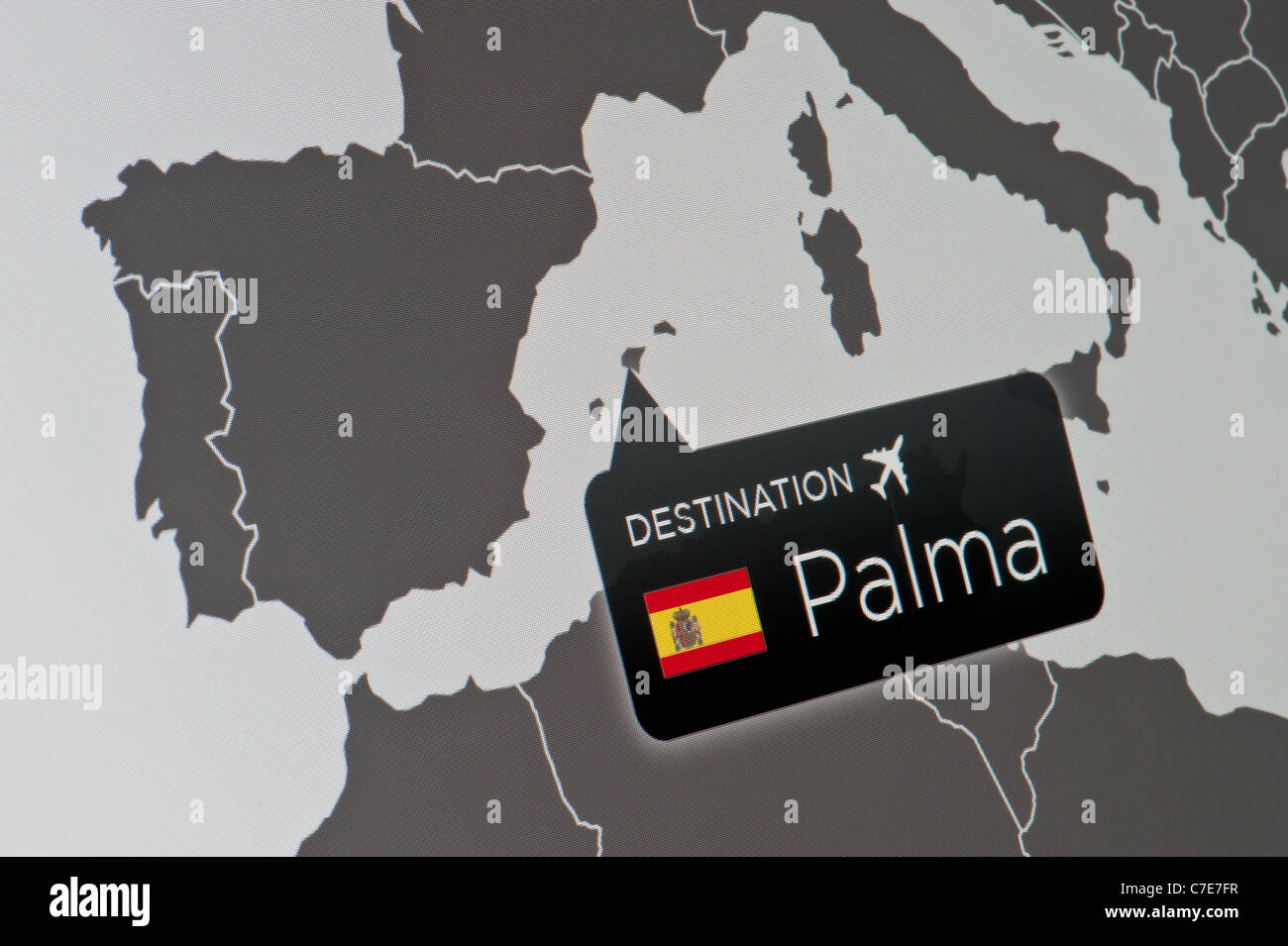 Un close-up di un display di computer che indica la posizione di Palma de Mallorca Aeroporto Internazionale, Spagna. Foto Stock