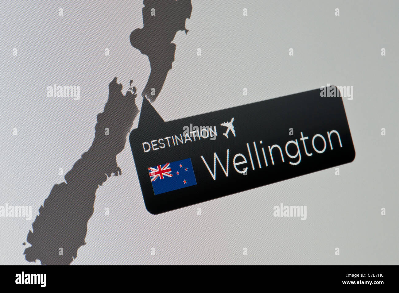 Un close-up di un display di computer che indica la posizione dell'aeroporto internazionale di Wellington, Nuova Zelanda. Foto Stock