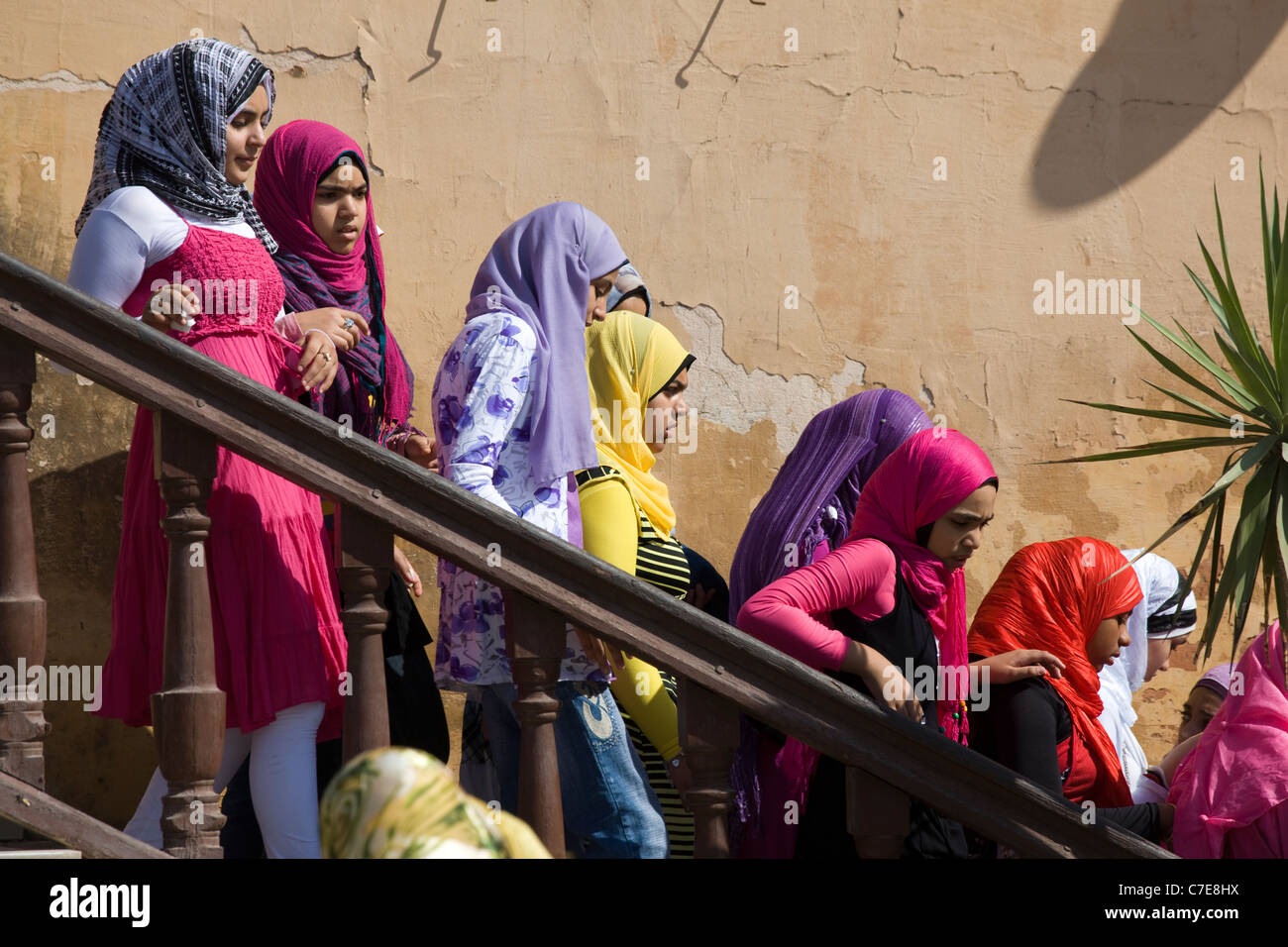 Gruppo di scuola egiziana le ragazze che indossano abiti colorati, Il Cairo, Egitto Foto Stock