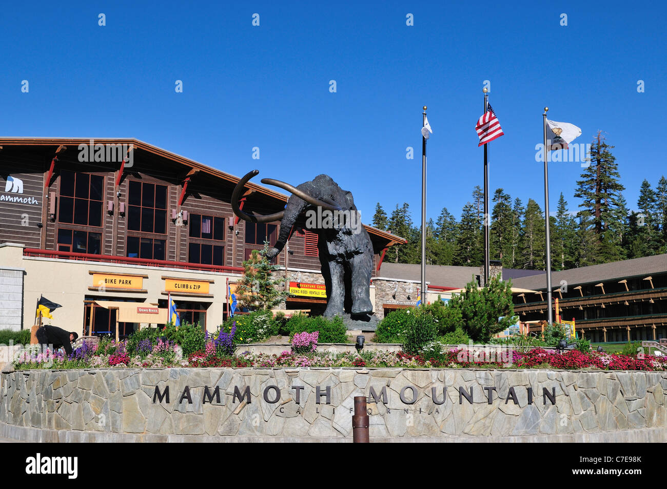 Una statua di bronzo di gigante mammoth sorge nella parte anteriore del Centro Visita di Mammoth Mountain, California, Stati Uniti d'America. Foto Stock
