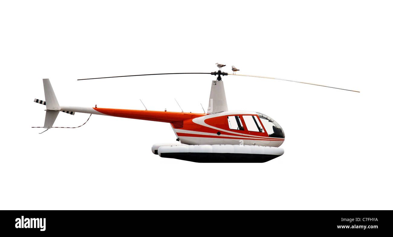 Un elicottero passeggero e gabbiani. Isolato su bianco Foto Stock