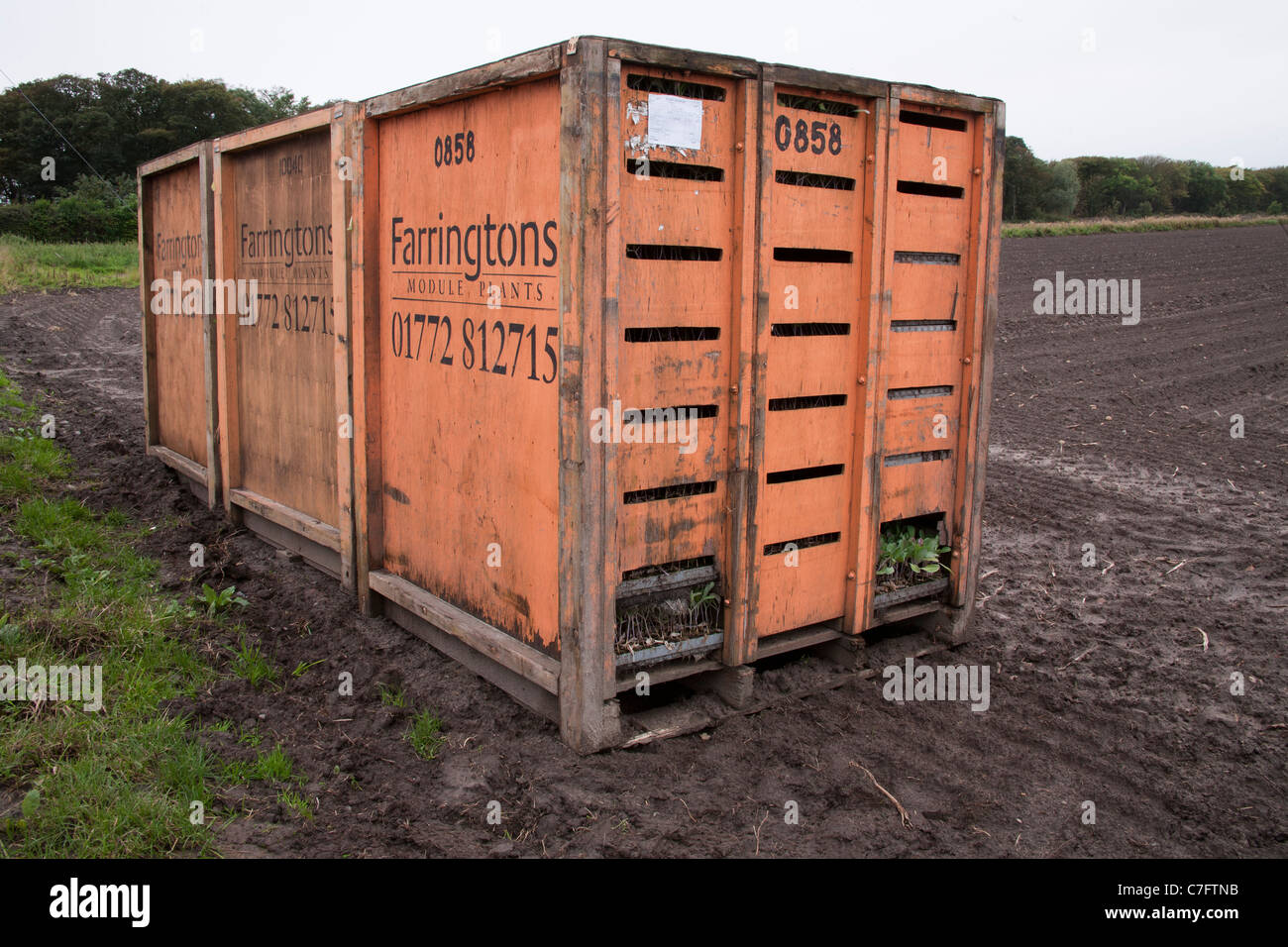 Impianti modulo   Farm contenitore su terreni agricoli, Southport, Merseyside, Regno Unito Foto Stock