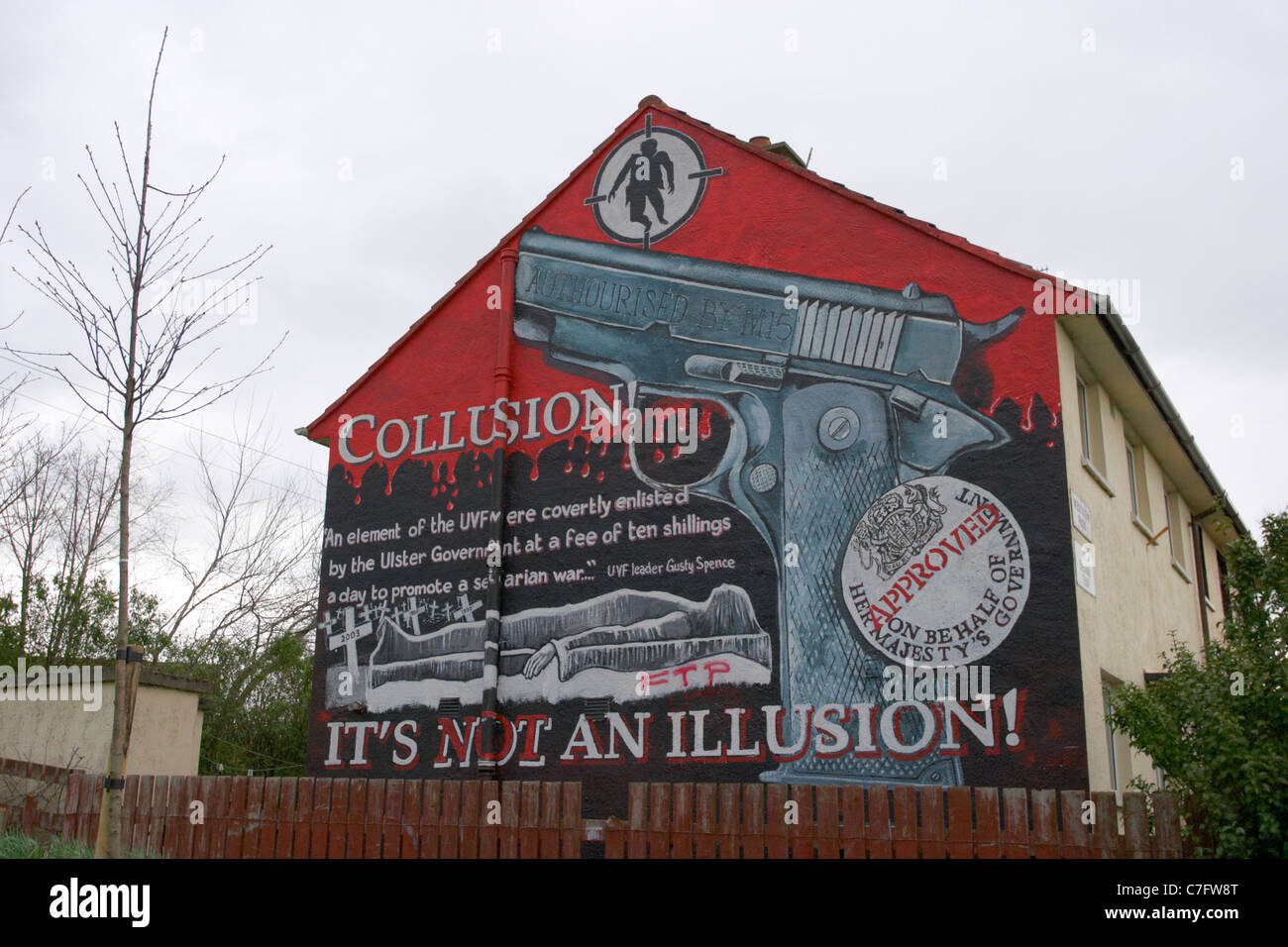 Governo britannico collusione parete repubblicano pittura murale di andersonstown west belfast Irlanda del Nord Foto Stock
