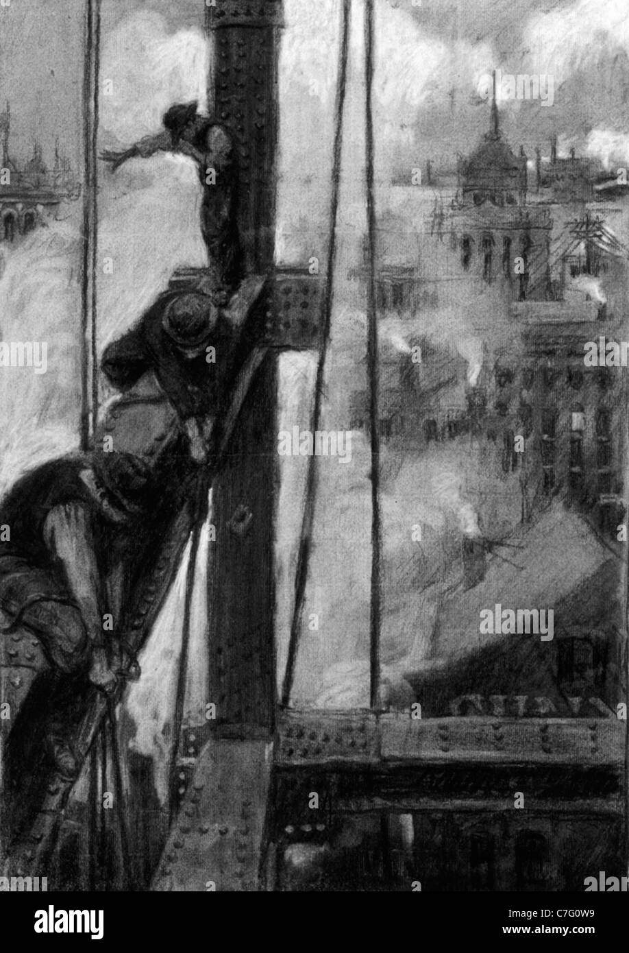 Schizzo di tre lavoratori ironworkers sulla trave con vapore e tetti in background, New York City, circa 1904 Foto Stock