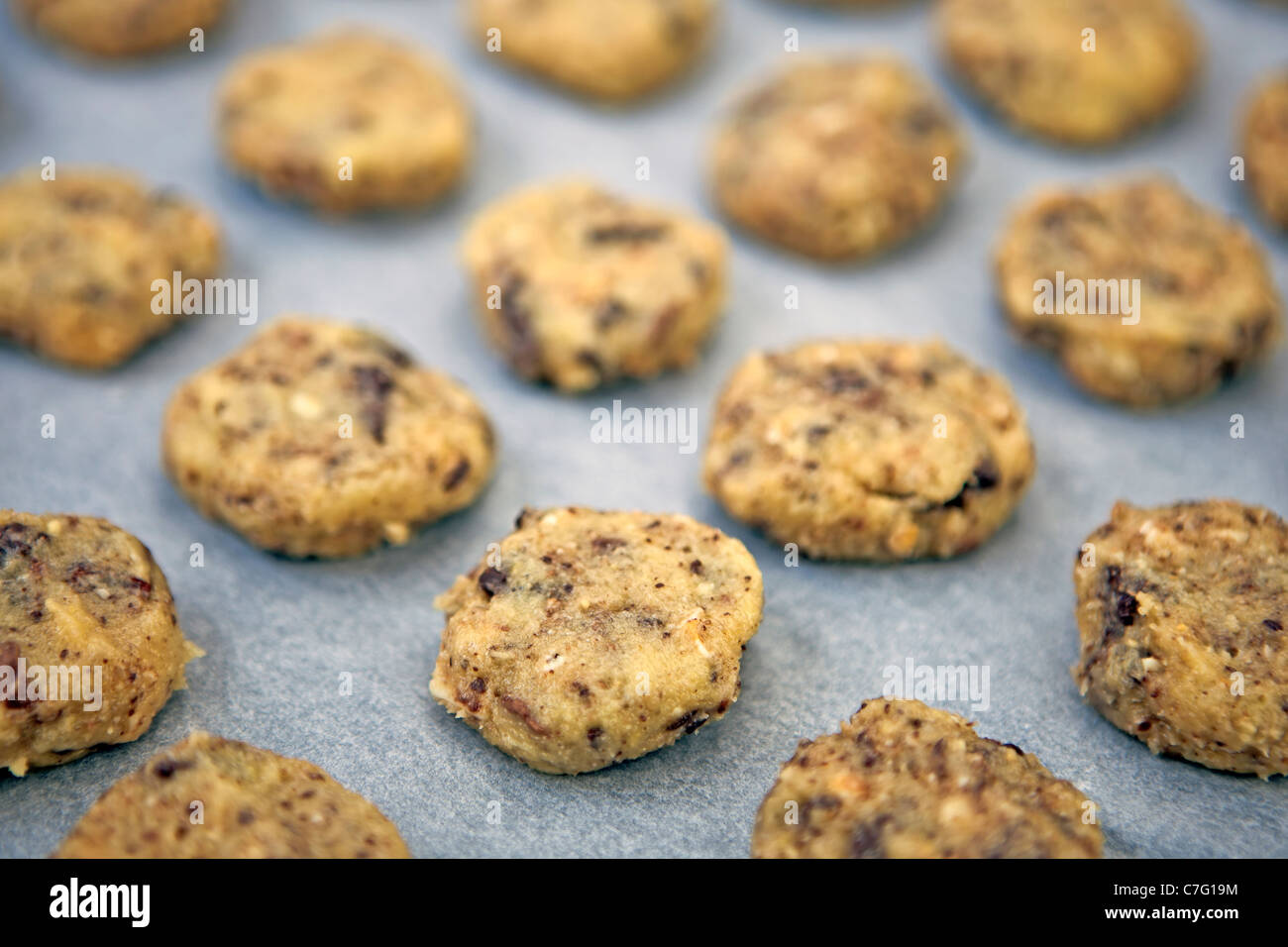 Crudi biscotti al cioccolato su una placca da forno Foto Stock