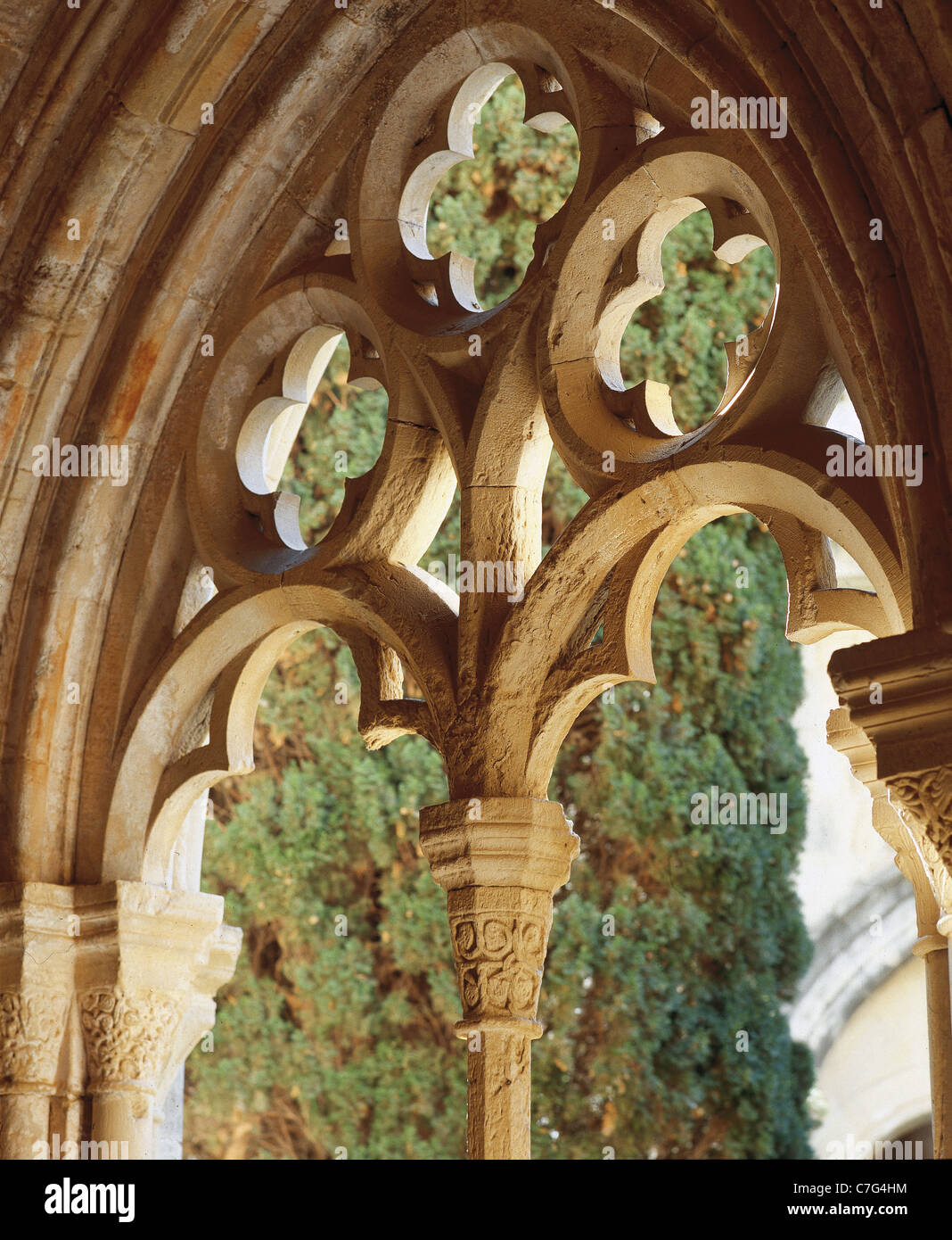 Spagna. La Catalogna. Royal Abbazia di Santa Maria de Poblet. Xii secolo. Chiostro Gotico finestra. Foto Stock