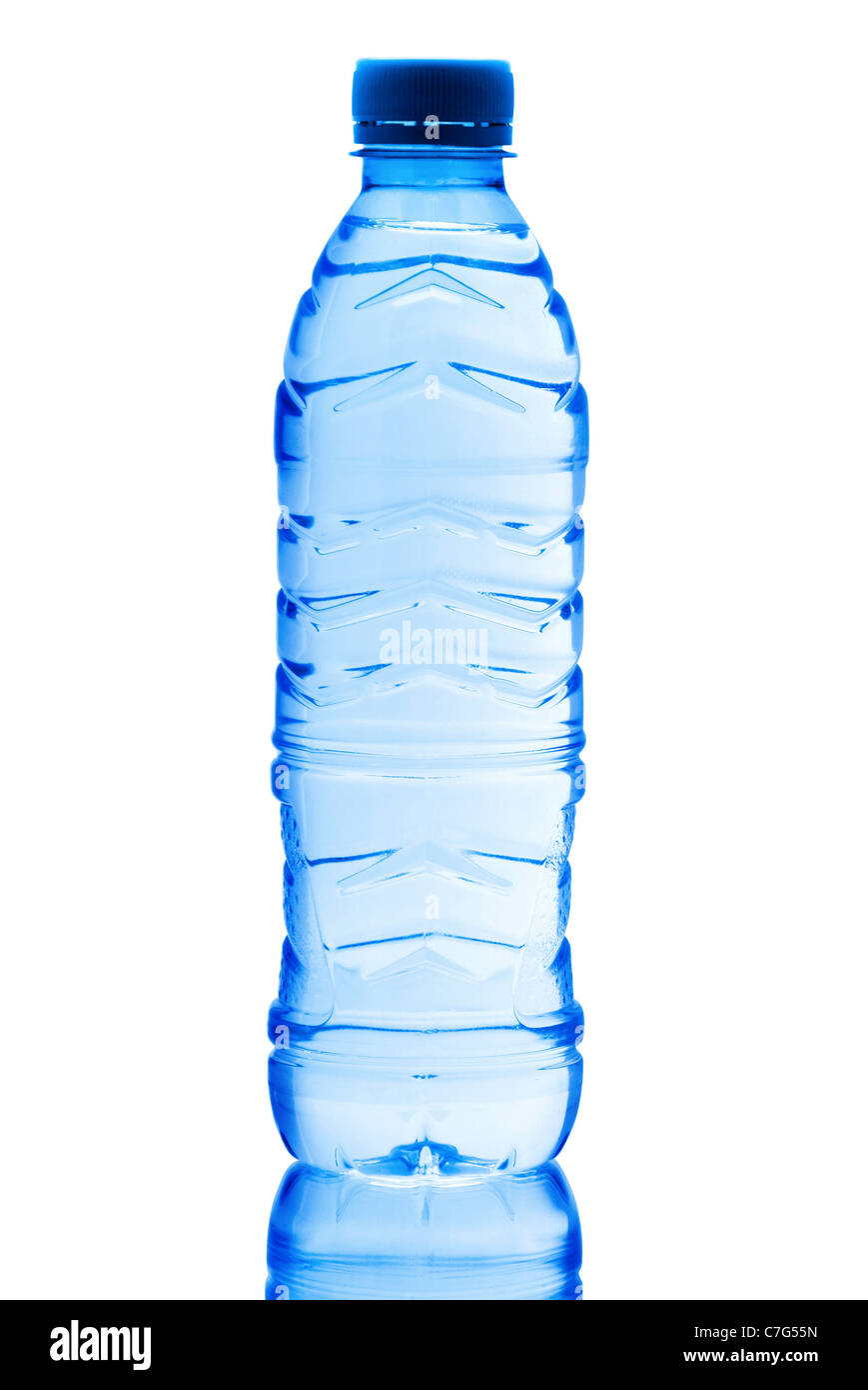 Plastica bottiglia trasparente closeup isolato su bianco Foto Stock