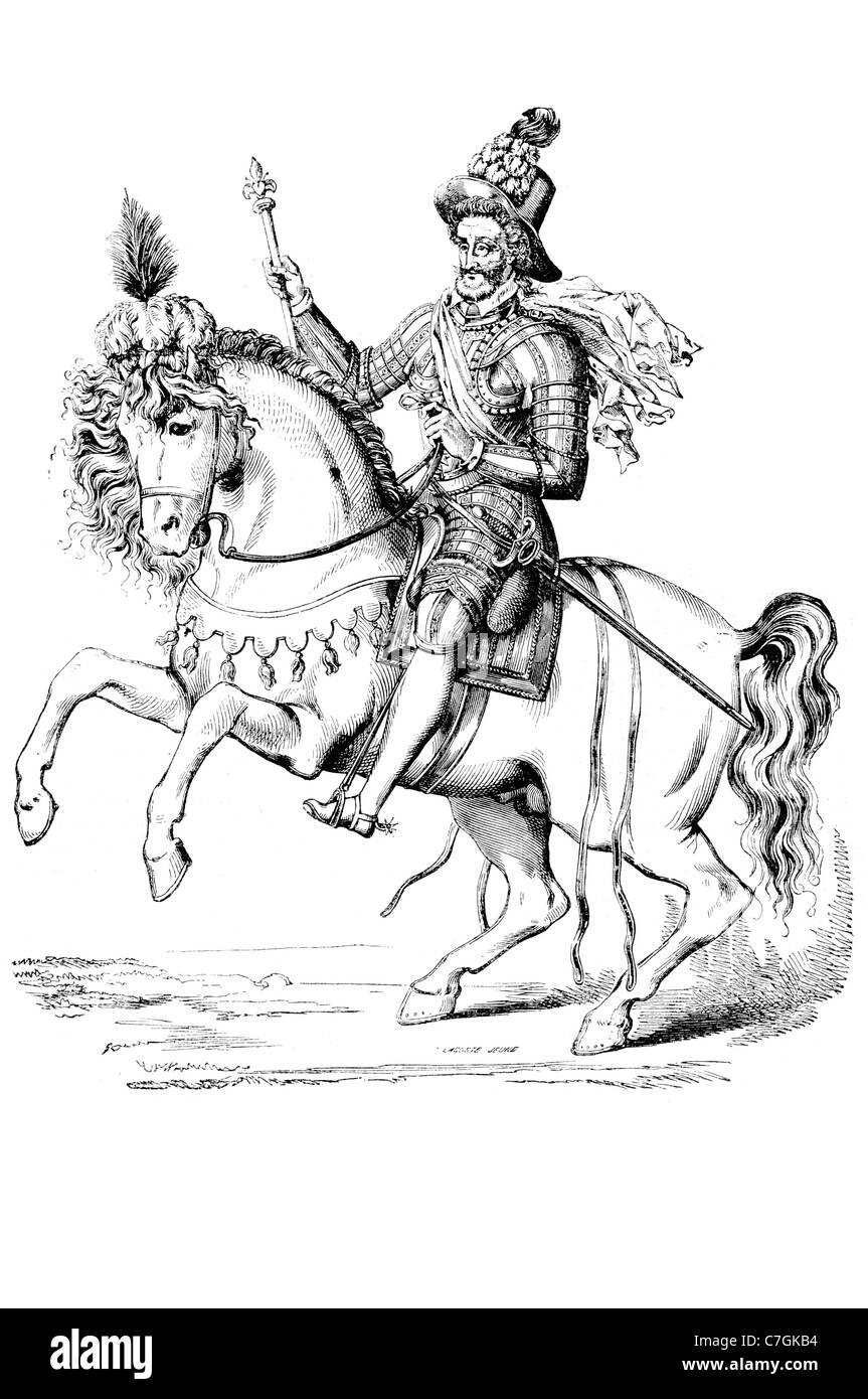 Enrico IV Re di Francia Navarra sovrano borbone dinastia Capetian Huguenot guerre di religione trono equitazione giri a cavallo Foto Stock