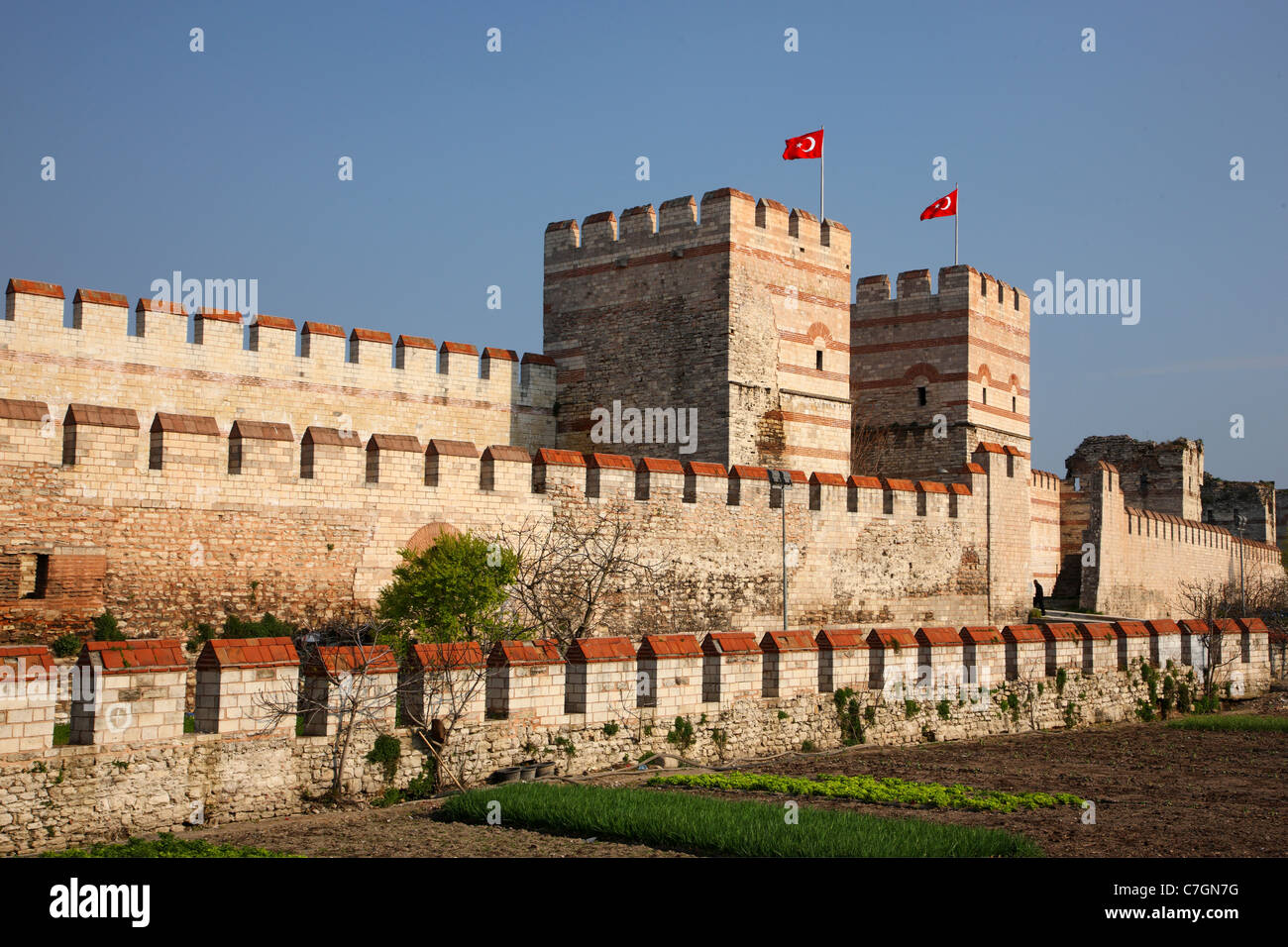 Parte dell'Theodosian (Bizantina) pareti di Istanbul, Turchia. Foto Stock