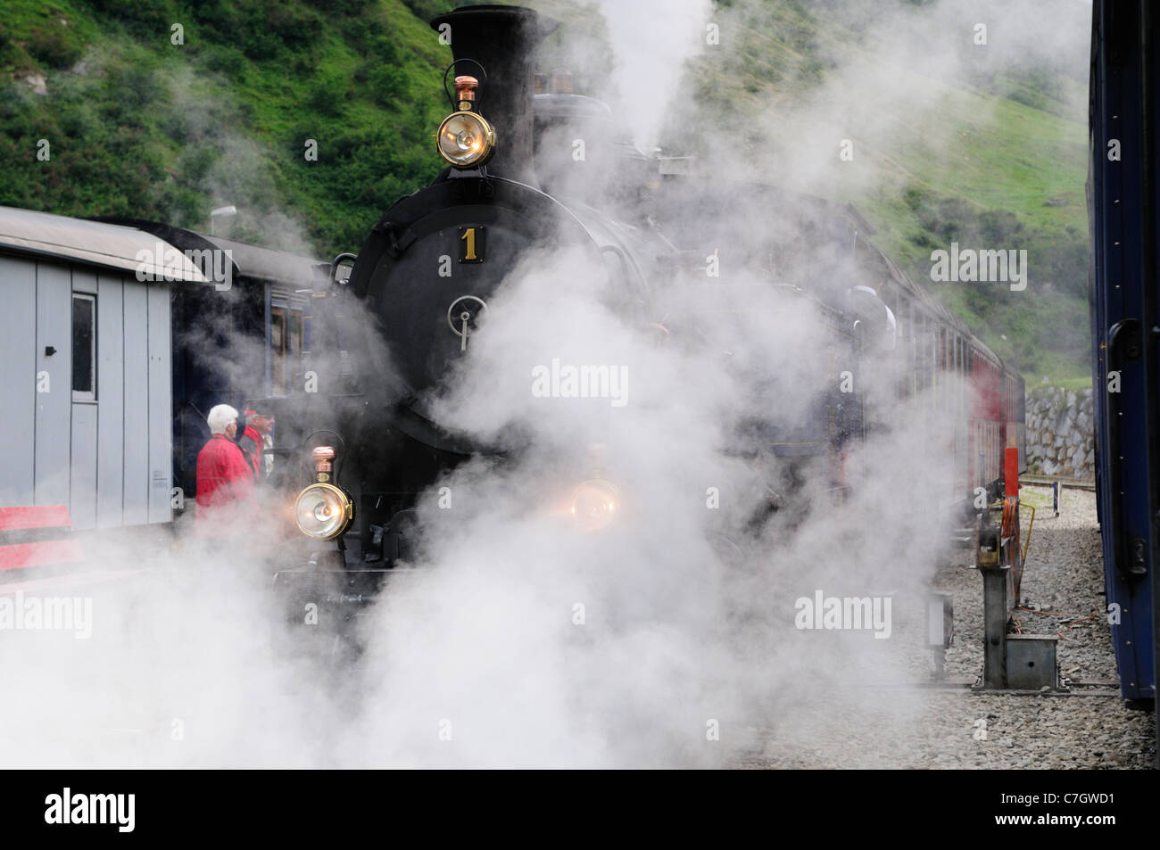 Furka ferrovia a cremagliera motore a vapore di HG 3/4 n. 1 a Realp stazione ferroviaria. La Svizzera, Grimsel-/Furka regione, Uri. Foto Stock