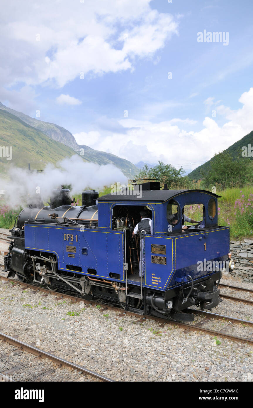 Furka ferrovia a cremagliera motore a vapore di HG 3/4 n. 1 a Realp stazione ferroviaria. La Svizzera, Grimsel-/Furka regione, Uri. Foto Stock