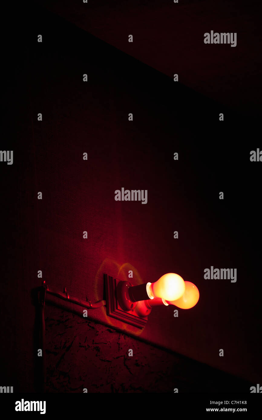 Lampadine delle luci accese su una parete Foto Stock