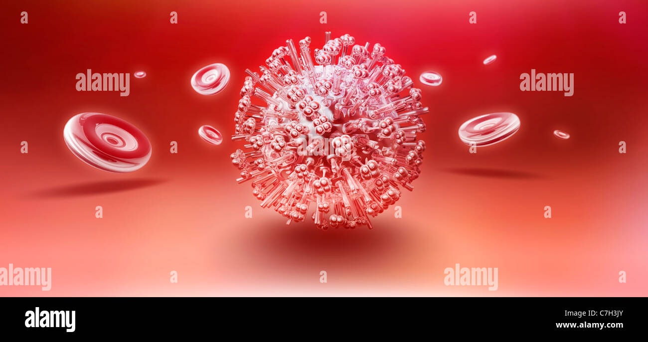 Influenza delle particelle di virus circondato da alcuni floating cellule rosse del sangue Foto Stock