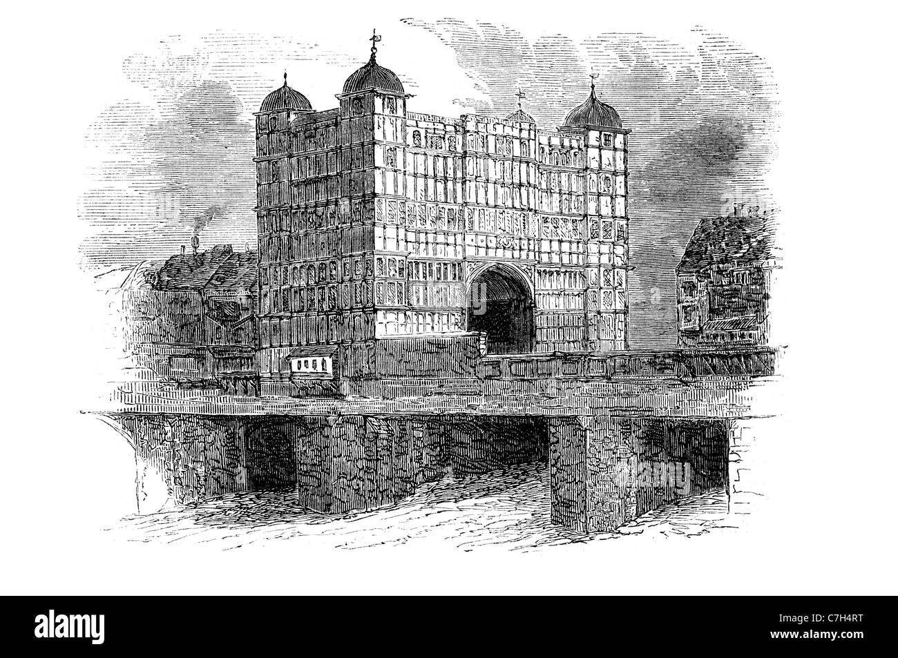 Nonsuch Palace london bridge Tudor royal palace Henry VIII Surrey in Inghilterra cortili rivellino fortificata medioevale rinascimentale Foto Stock