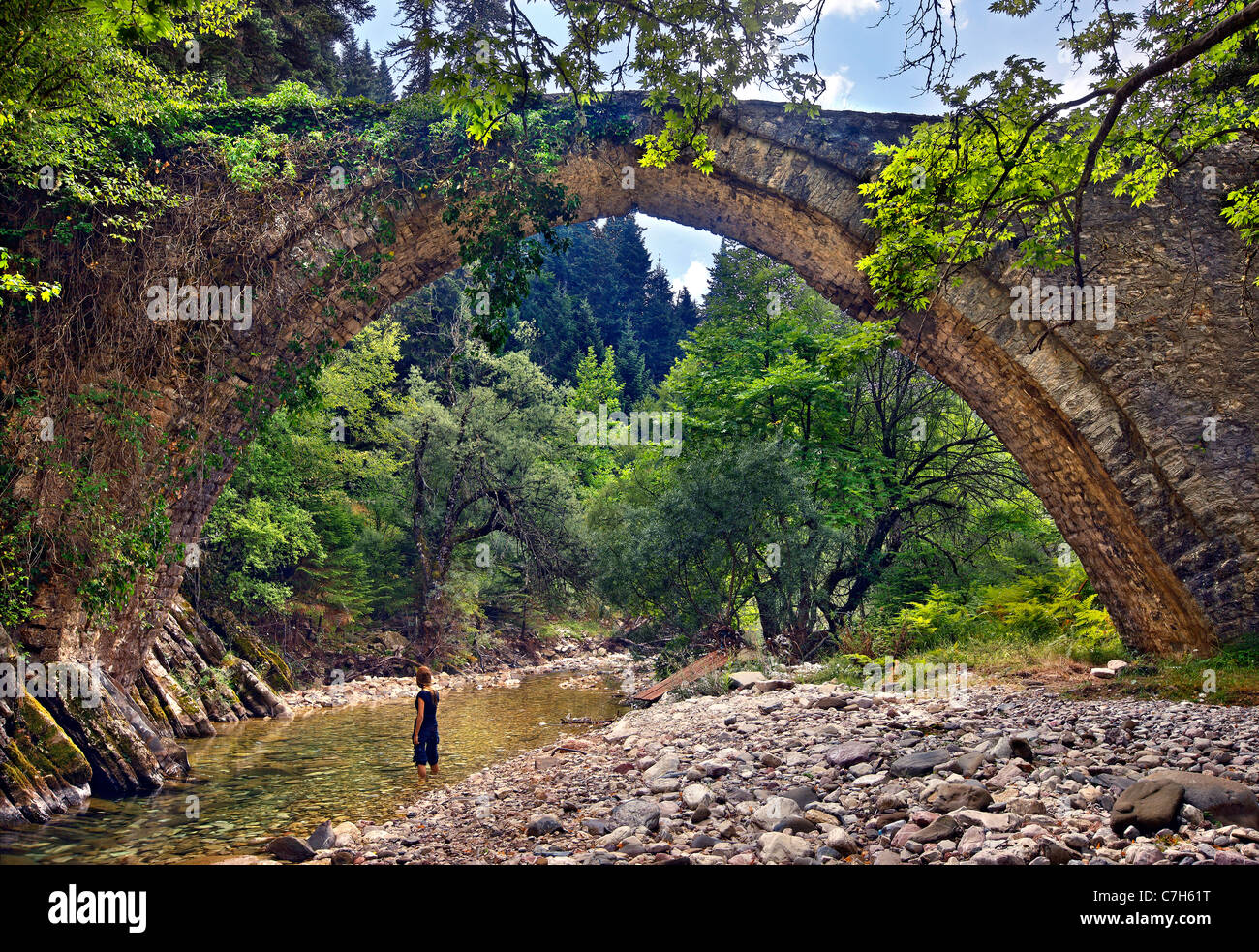Il Neraidochori (noto anche come "Chatzipetros') un antico ponte in pietra, vicino al villaggio di Neraidochori, Trikala, Tessaglia, Grecia Foto Stock