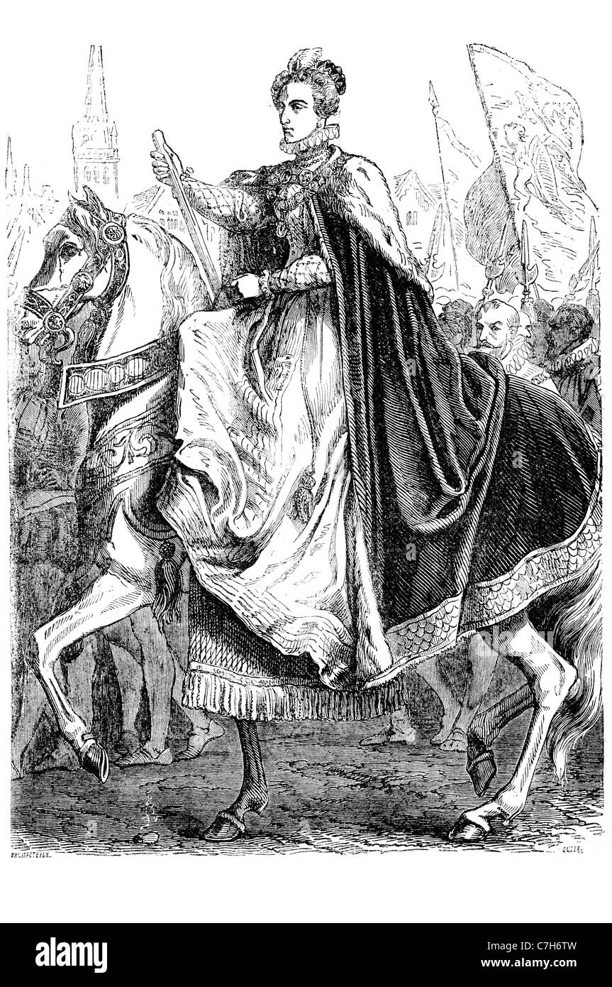 Elizabeth I queen regnant entrando a Londra il cavallo regalia monarch Tudor Dinastia principessa protestante inglese Foto Stock