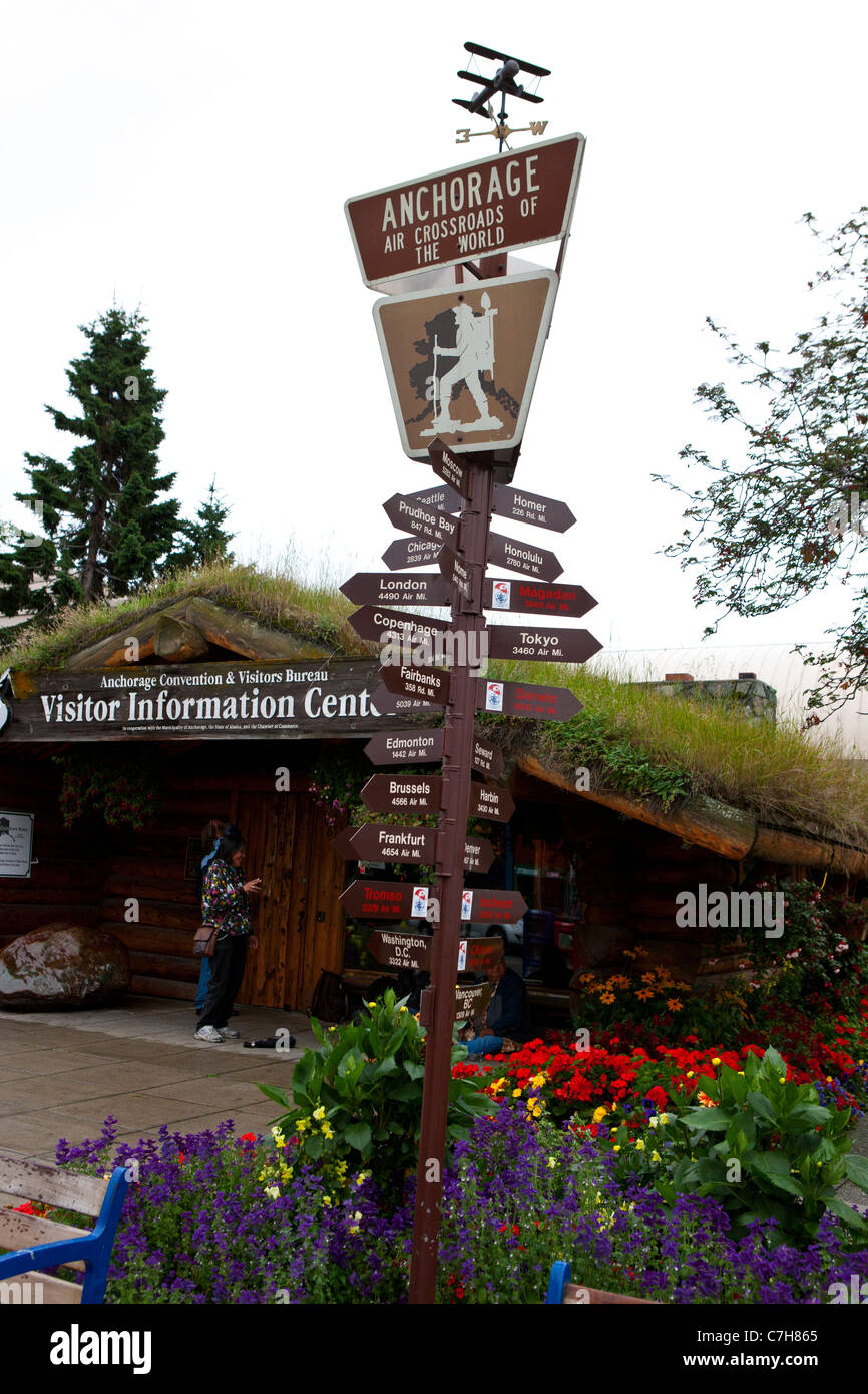 Centro informazioni turistiche sul quarto Ave con milepost segno indicante che aria di ancoraggio crocevia del mondo, Anchorage in Alaska, Foto Stock