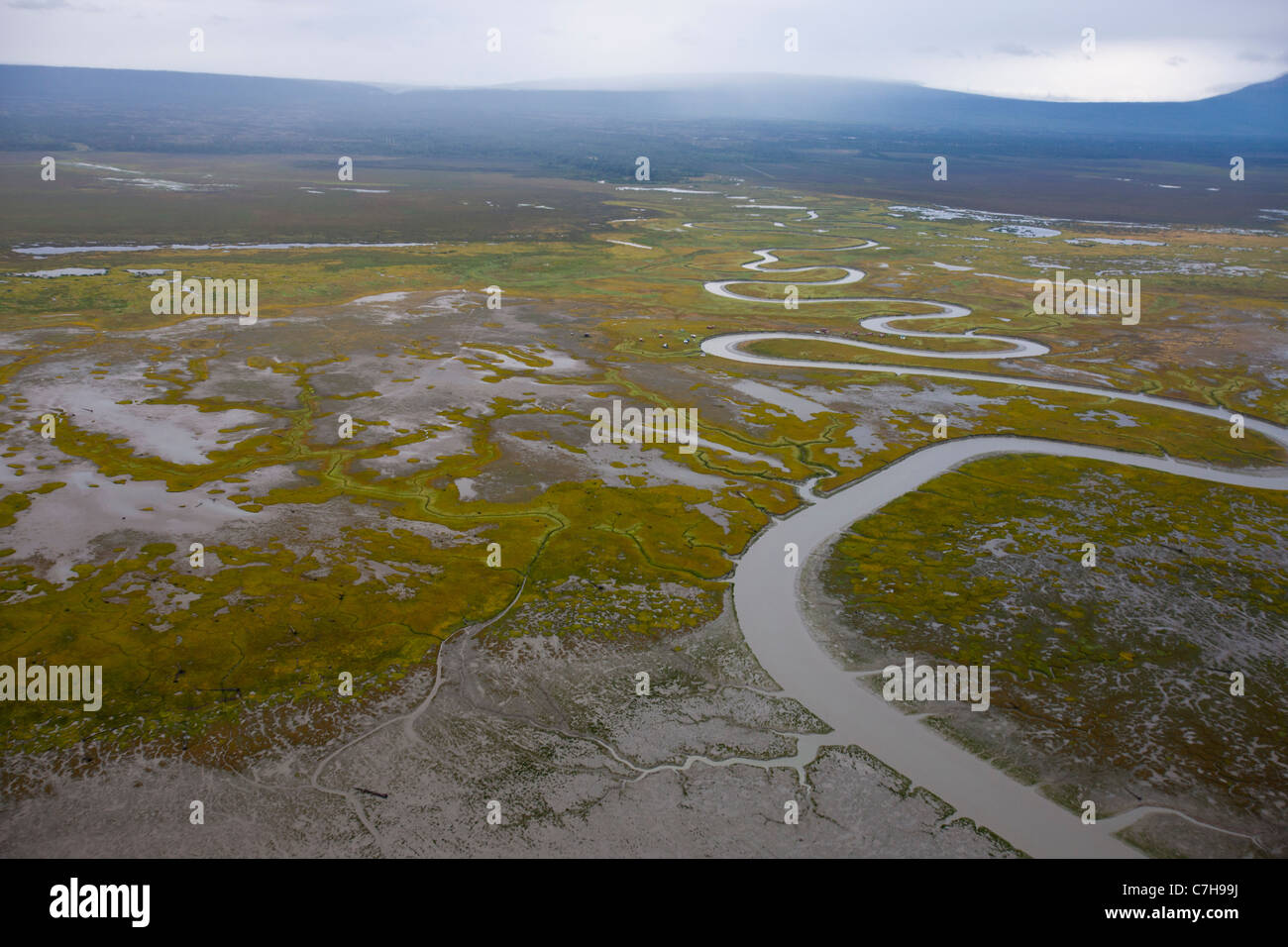 Vista aerea del terreno della palude di Cook Inlet tra ancoraggio e il Parco Nazionale del Lago Clark, Alaska, Stati Uniti d'America Foto Stock