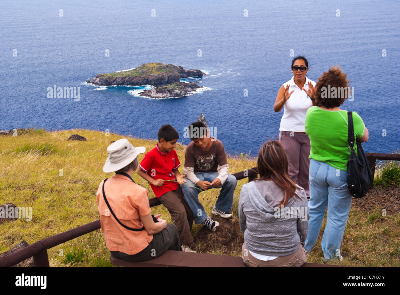 Guida spiegare circa Motu Nui (isola) focus di isola di culto degli uccelli Foto Stock