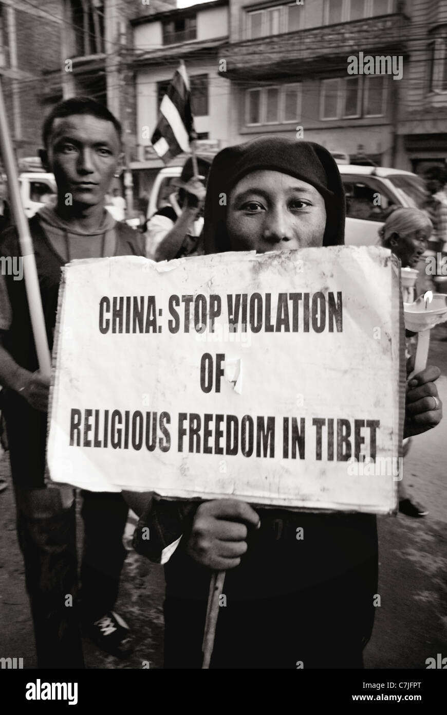 Dimostrazioni Pro-Tibet,Nepal, prima della cerimonia di apertura dei giochi olimpici a Pechino nel mese di agosto 2008, migliaia di profughi tibetani Foto Stock