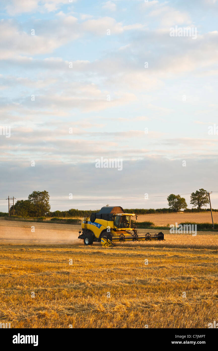 Macchina mietitrebbiatrice la mietitura dei raccolti in campo di fattoria, Warwickshire, Regno Unito Foto Stock