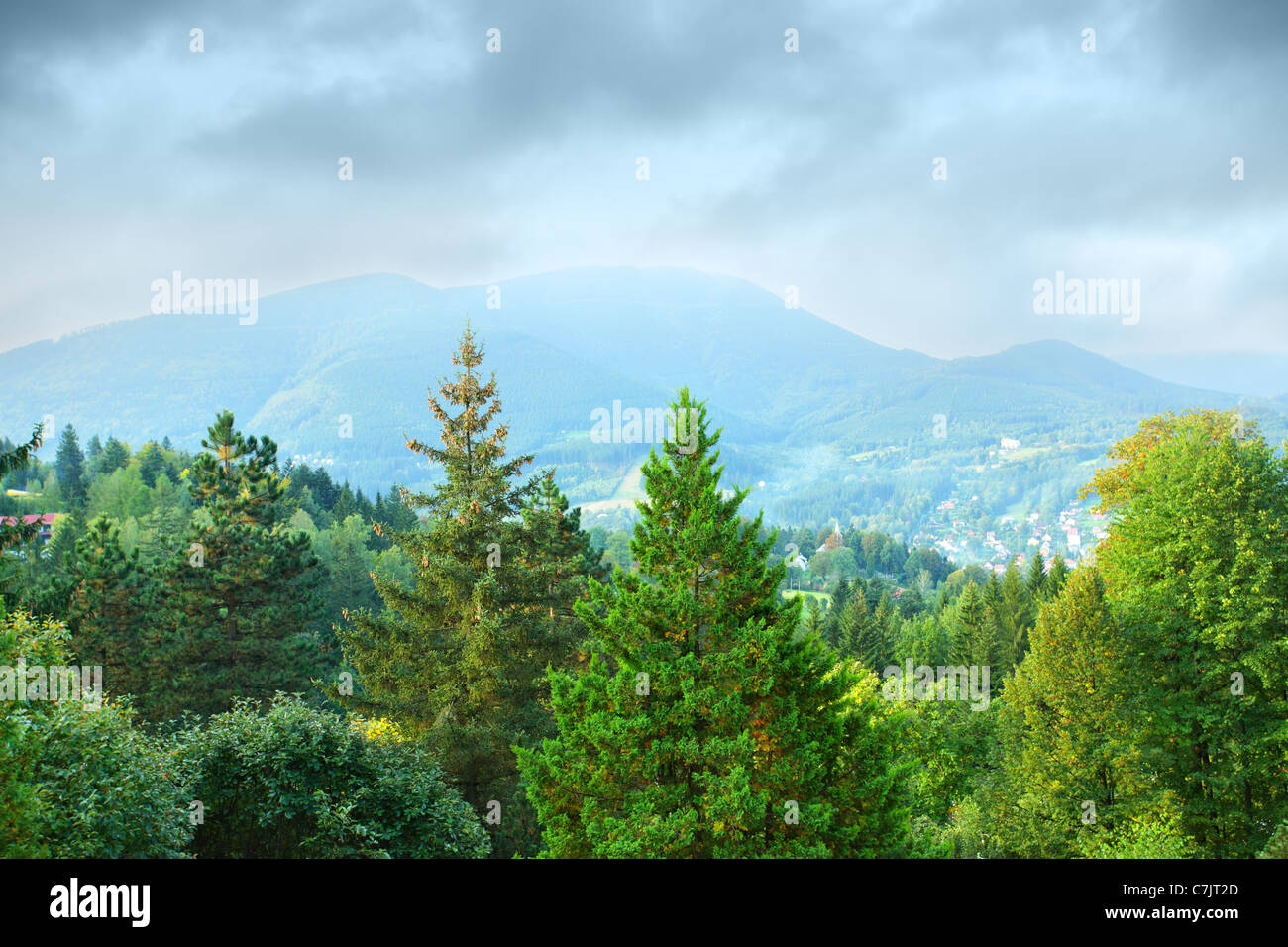Vista delle montagne boscose in Repubblica Ceca Foto Stock