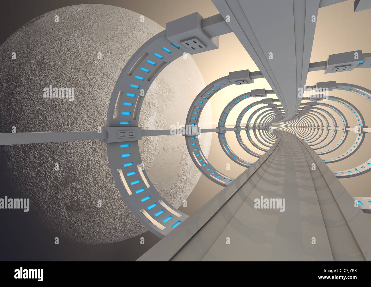 Eseguire il rendering di un avveniristico ponte attorno alla luna Foto Stock