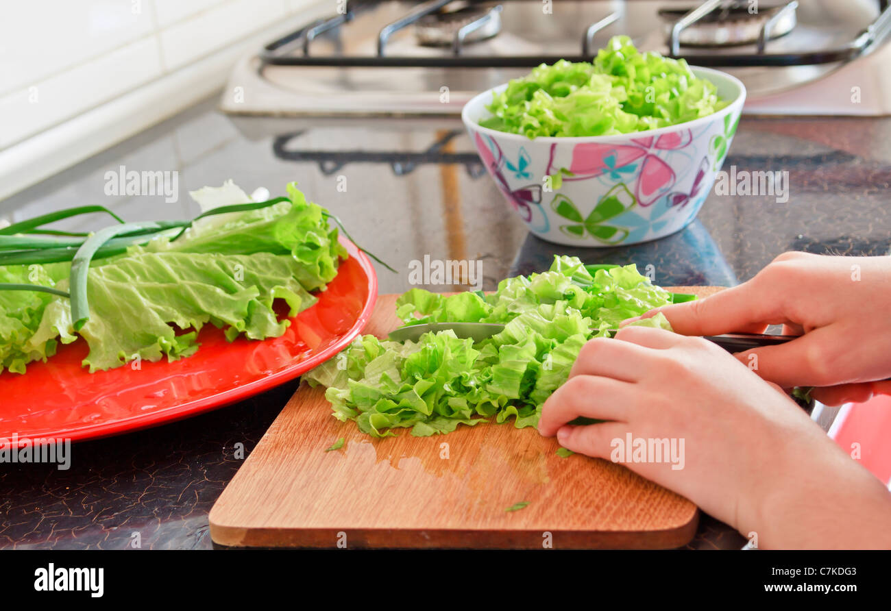 Mani insalata di taglio in cucina Foto Stock