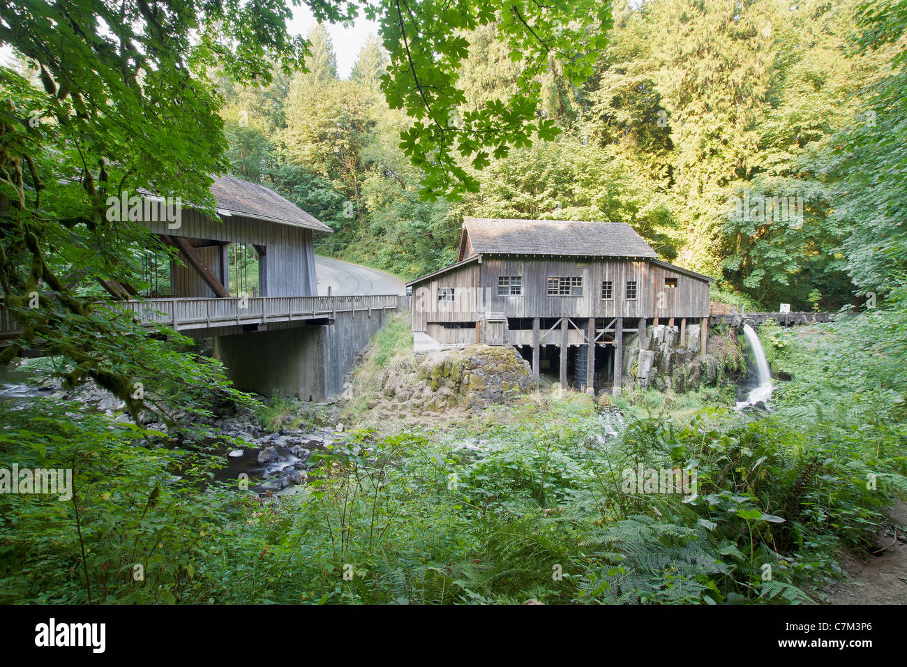Ponte coperto e Grist Mill oltre Cedar Creek nello Stato di Washington Foto Stock