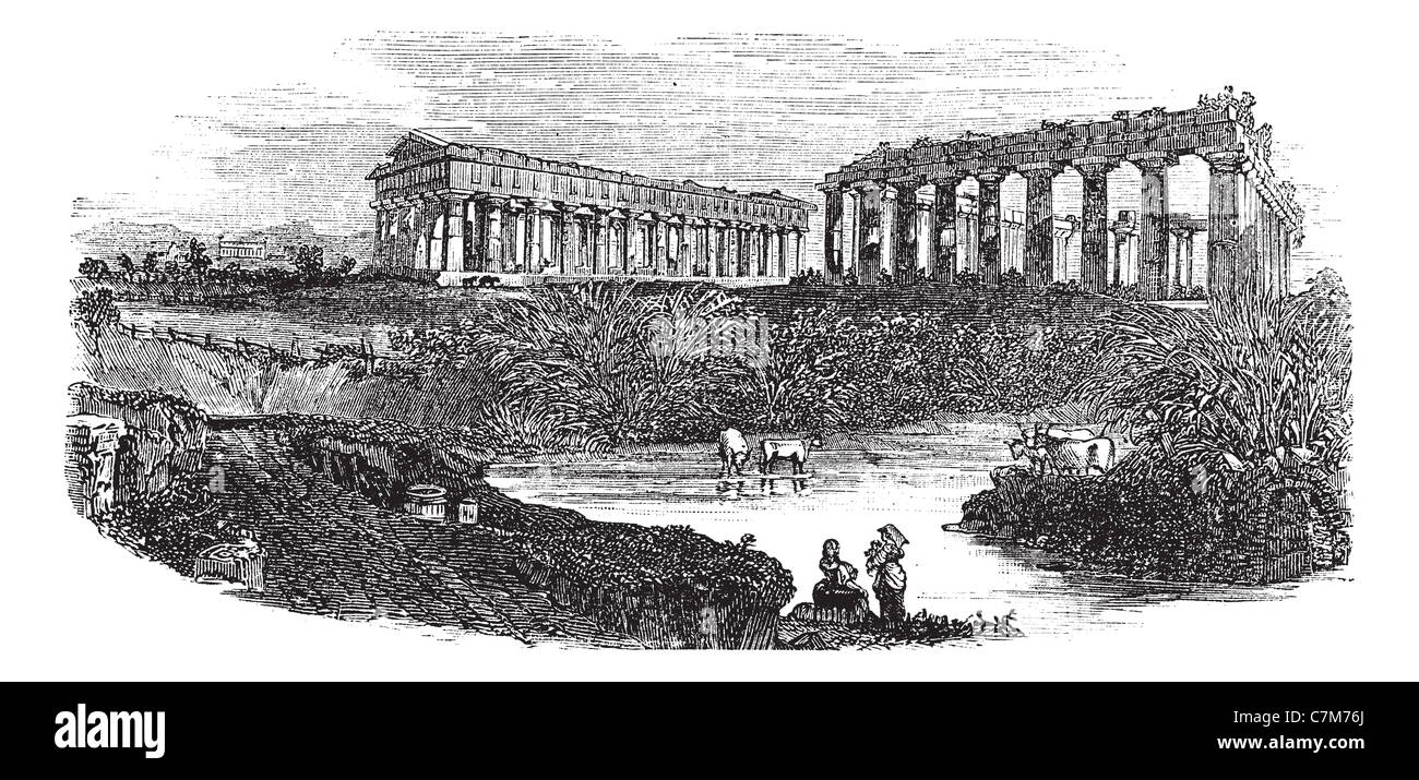Le rovine dei templi di Paestum in Campania, Italia, durante il 1890s, vintage incisione. Vecchie illustrazioni incise. Foto Stock