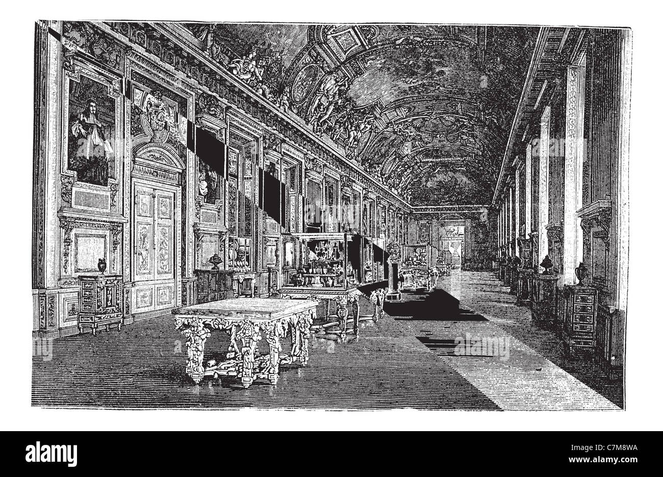 Apollo Galleria al museo del Louvre a Parigi, durante il 1890s, vintage incisione. Vecchie illustrazioni incise di Apollo Gallery. Foto Stock