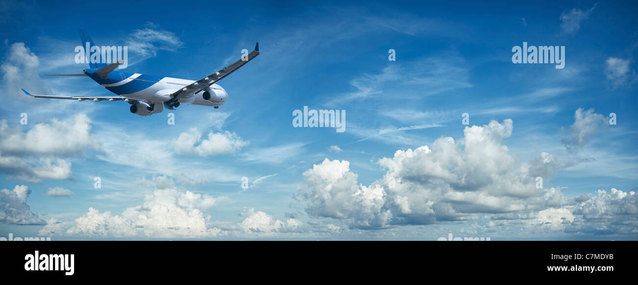 Piano di jet in volo. Composizione panoramica. Foto Stock