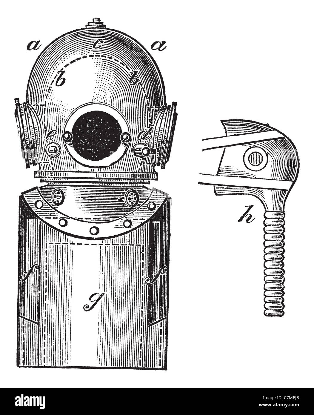 Superficie-fornito di attrezzature subacquee, vintage illustrazioni incise. Trousset enciclopedia (1886 - 1891). Foto Stock